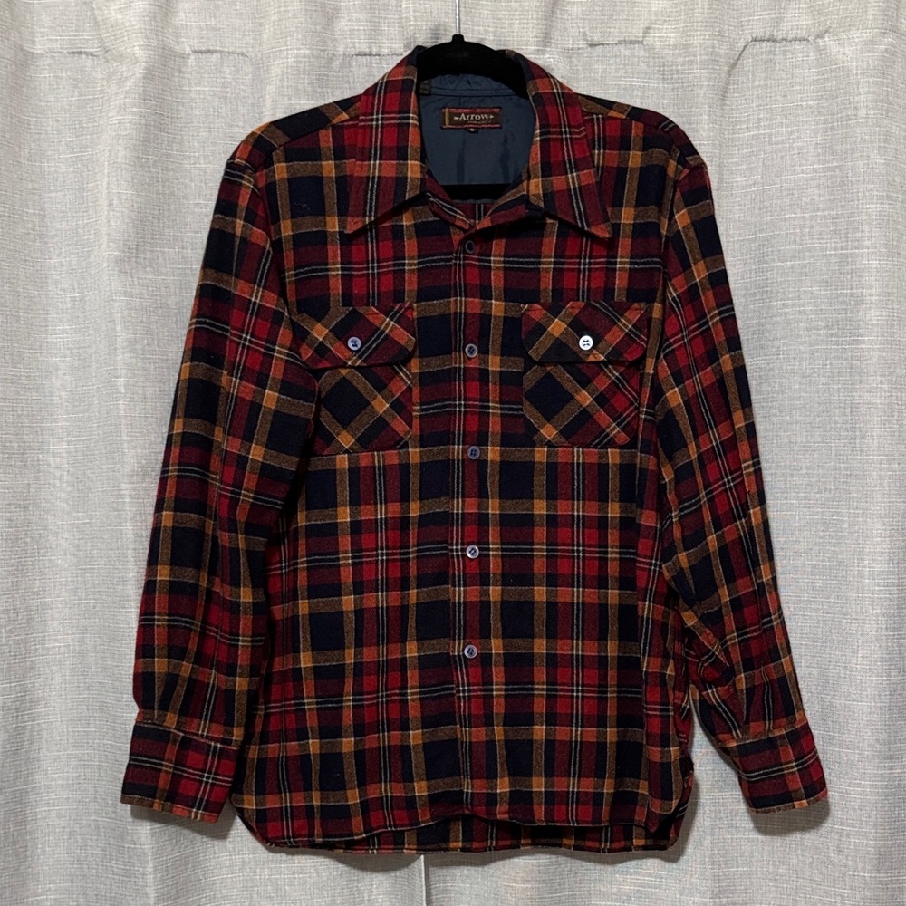 Men’s Vintage Wool Blend Flannel Button Up-M-Red/Orange/Navy Plaid-Blue Buttons